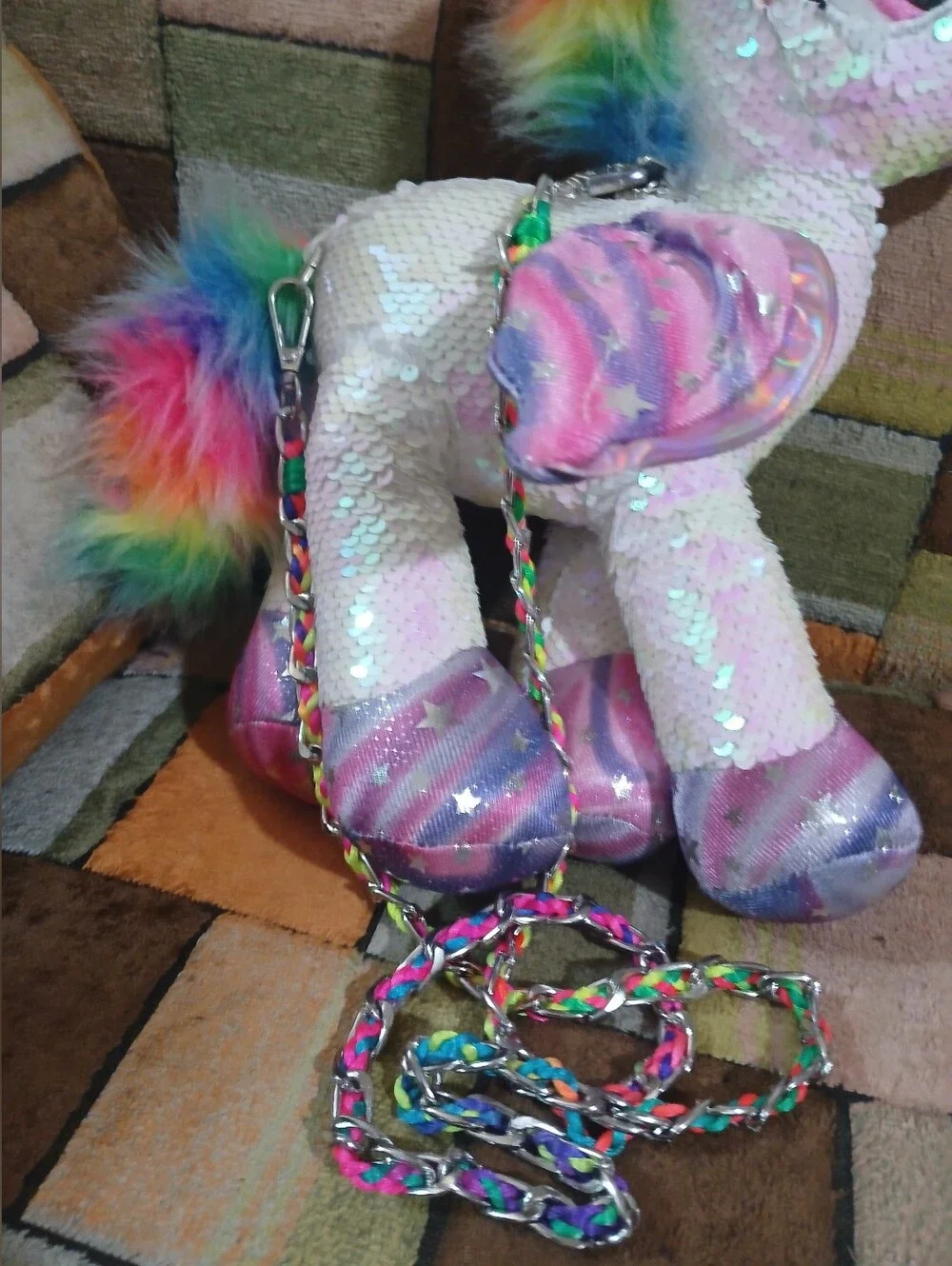 Sequin Rainbow Mane Unicorn Plush Crossbody Bag - White Rainbow
